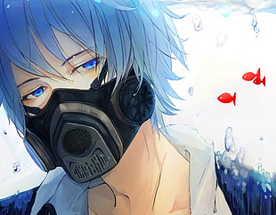 blue haired male anime character wearing gas mask wallpaper