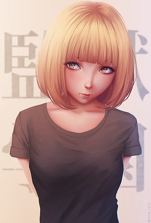 woman wearing gray crew-neck shirt anime