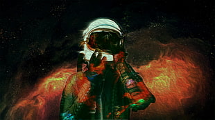 person with white helmet painting, space, astronaut, artwork