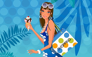 girl in blue and white floral tank top with shopping bag holding ice cream in a cone anime print digital wallpaper