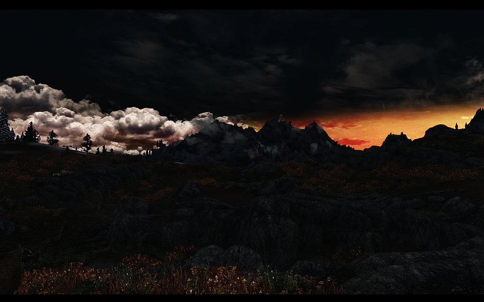nature photography of mountains covered with clouds at sunset, The Elder Scrolls V: Skyrim, ENB HD wallpaper