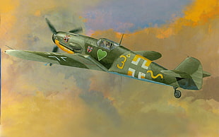 green fighter plane painting, World War II, Messerschmitt, Messerschmitt Bf-109, Luftwaffe