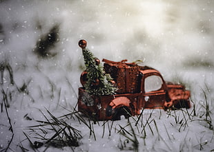red single cab pickup truck die-cast metal, toys, car, snow, Christmas