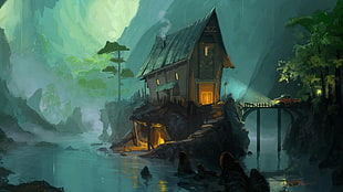 brown house on cliff illustration, oil painting, artwork, house, fantasy art