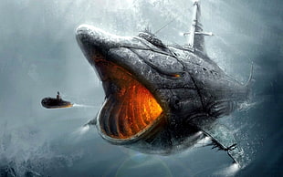 black submarine and grey megaledon submarine digital wallpaper, submarine