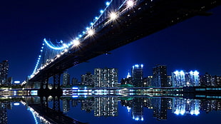 high rise photo of buildiongs, cityscape, bridge, lights, reflection