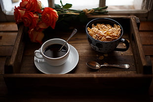 white ceramic teacup, breakfast, coffee, food