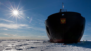 black and brown ship, ship, cargo, shadow, winter HD wallpaper