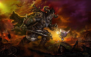 monster holding a battle axe in front of the rabbit holding a flower digital wallpaper