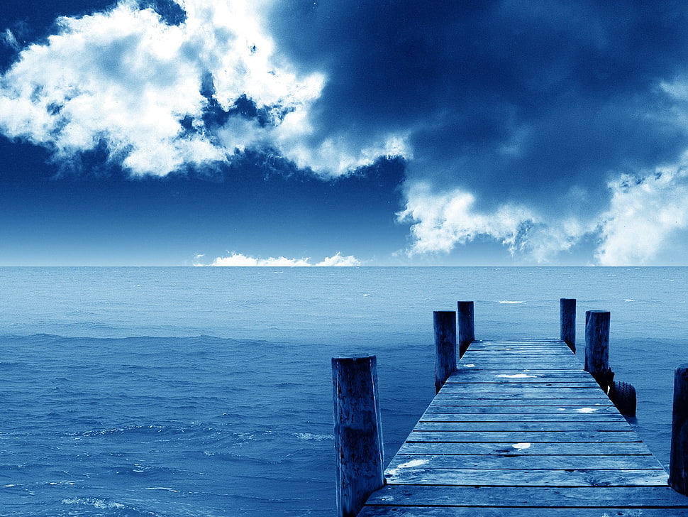 gray wooden pier, pier, sea, clouds, horizon HD wallpaper