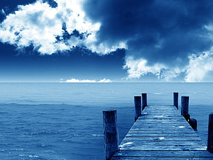 gray wooden pier, pier, sea, clouds, horizon