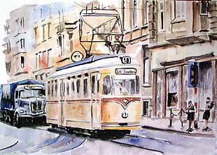 yellow city train on city street painting