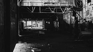 black and white wooden table, city, factory, photography, monochrome