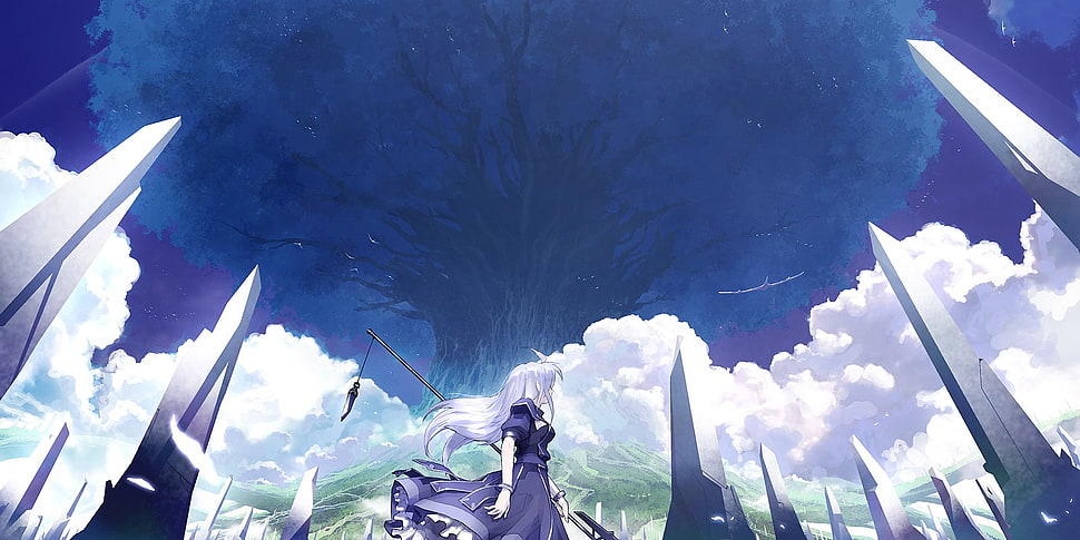 white haired female anime character digital wallpaper, weapon, trees HD wallpaper