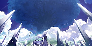 white haired female anime character digital wallpaper, weapon, trees