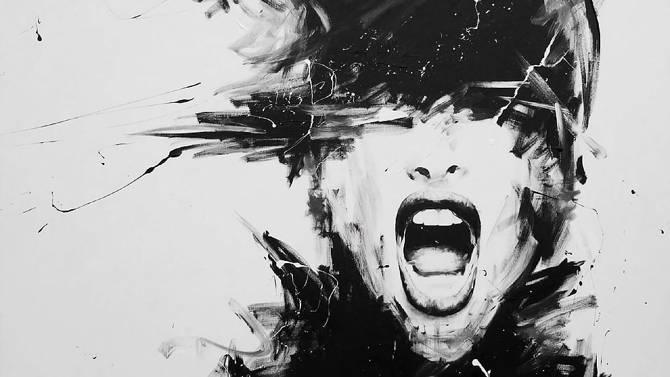black and white abstract painting, digital art, screaming HD wallpaper