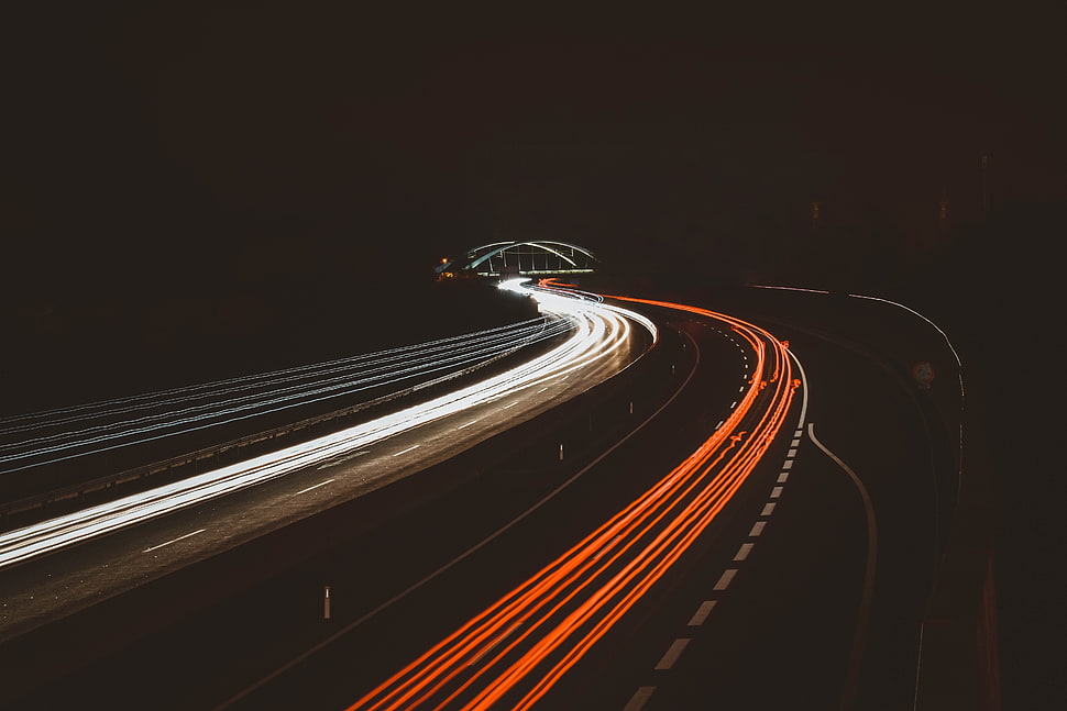 black concrete road, Road, Turn, Light HD wallpaper