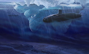 black submarine, artwork, iceberg, submarine, vehicle HD wallpaper