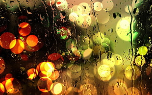 water drops, rain, water drops, colorful, lights HD wallpaper