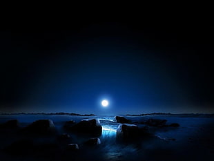 moon silhouette, Moon, moonlight, rock, water