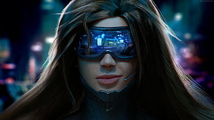 closeup photo of a woman wearing black goggles with headset digital wallpaper