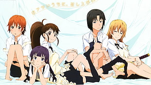 group of sitting girl anime characters digital wallpaper