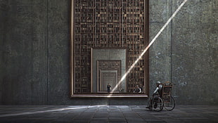 brown wheelchair, mirror, books, reflection, ghosts