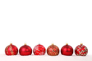 six red Christmas balls, balls, decorations, glass, holiday HD wallpaper