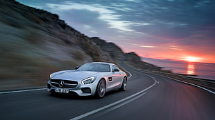 silver Mercedes-Benz SLS coupe, Mercedes-Benz AMG GT, car, road, motion blur