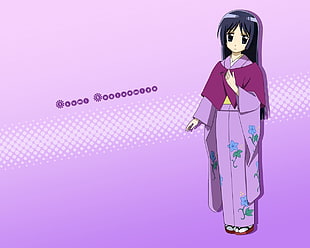 purple dressed black haired female anime character digital wallpaper