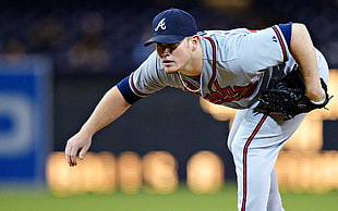 selective focus of Atlanta Braves MLB player wearing baseball mitt