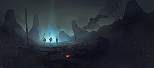 three human silhouettes wallpaper, wasteland, dark, mist, barren