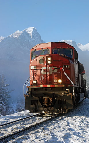red and black train, diesel locomotive, freight train, portrait display, snow HD wallpaper