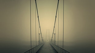 suspension bridge wallpaper, bridge, mist, people, street light HD wallpaper