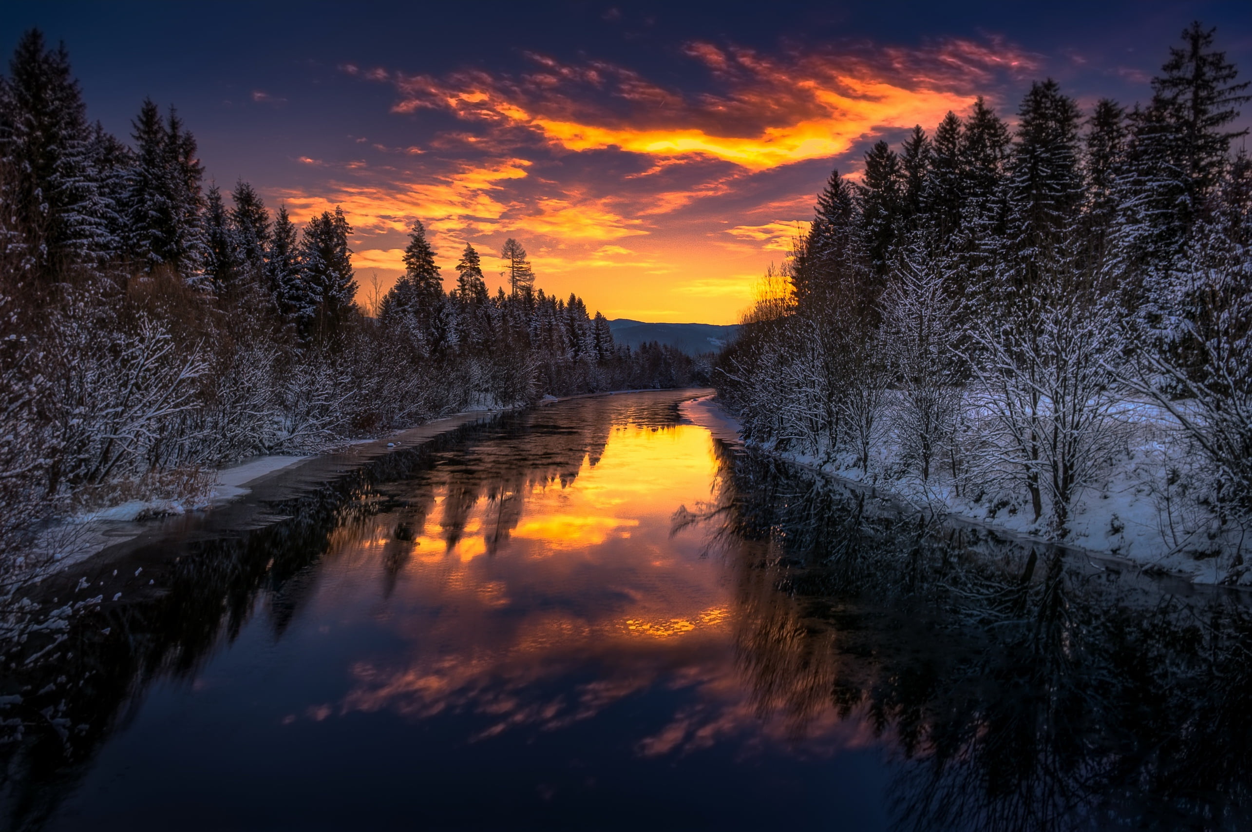 Lake Between Pine Trees Dark Landscape Sky Sunlight Hd Wallpaper