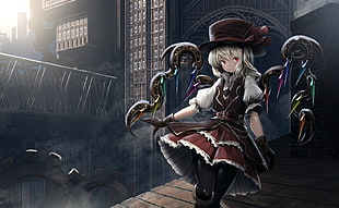 gray haired female anime character, blonde, Flandre Scarlet, hat, industrial