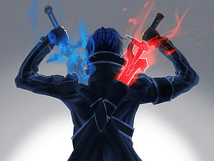 man in black coat holding fantasy swords illustrations