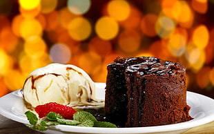 chocolate cake and one scoop of ice cream, food, closeup, dessert, cake HD wallpaper