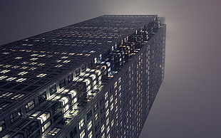 building visual concept, skyscraper, worm's eye view, mist, night