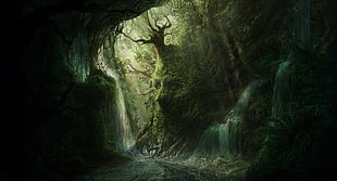 body of water between trees, fantasy art, face, nature