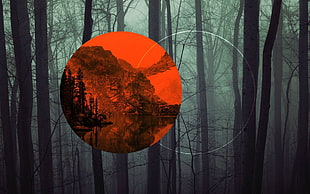 illustration of trees and mountains HD wallpaper
