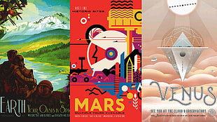 three assorted-title books, Travel posters, the expanse, science fiction, space