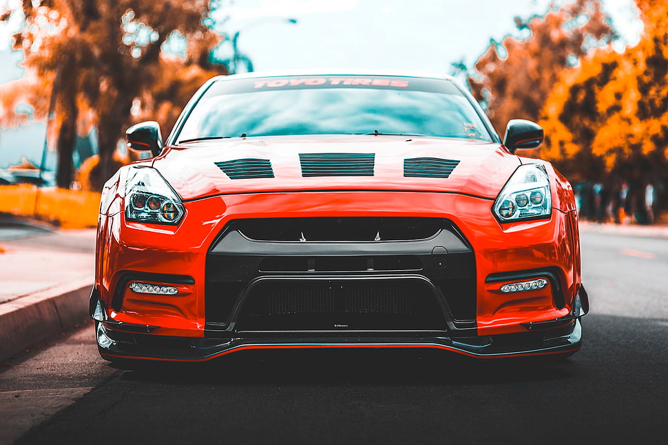 red car, Auto, Front view, Red HD wallpaper