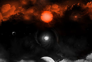 black and red galaxy spray painting, Moon, clouds, space, artwork HD wallpaper