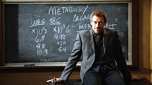 men's black suit, House, M.D., Hugh Laurie, blackboard