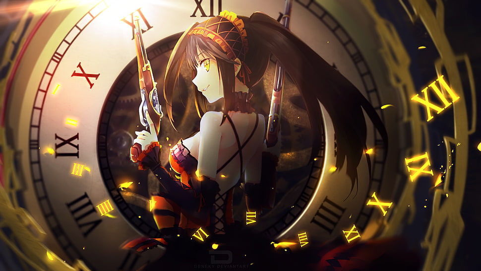 black haired female anime character, Date A Live, clocks, Tokisaki Kurumi HD wallpaper