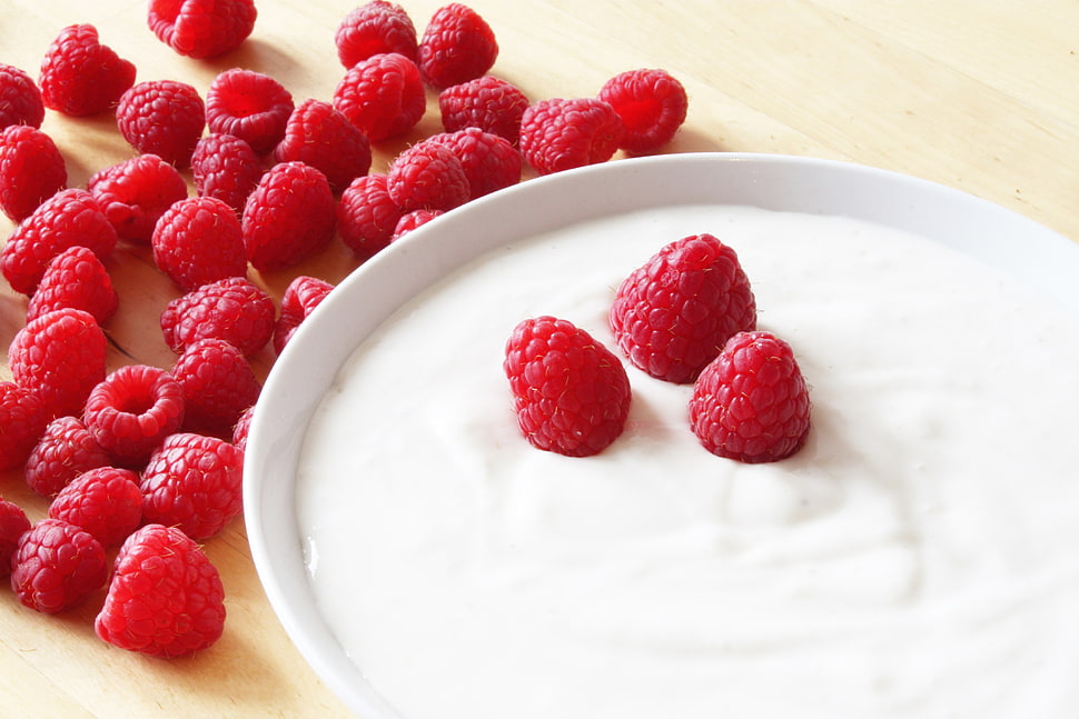 cherry with yogurt on bowl HD wallpaper