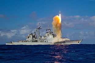 white battleship launching a missile HD wallpaper