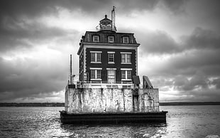 grayscale photo of building on body of water, photography, sea, water, house