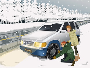 two men next to white SUV stucked on snow fixing tire with chains illustration